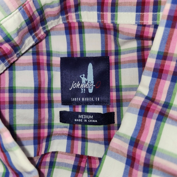 Johnnie-O Men's Size Medium Pink blue plaid shirt - Picture 3 of 8